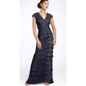Adrianna Papell Cap Sleeve Maxi Dress Gown 10 Navy Formal Mother Of The Bride